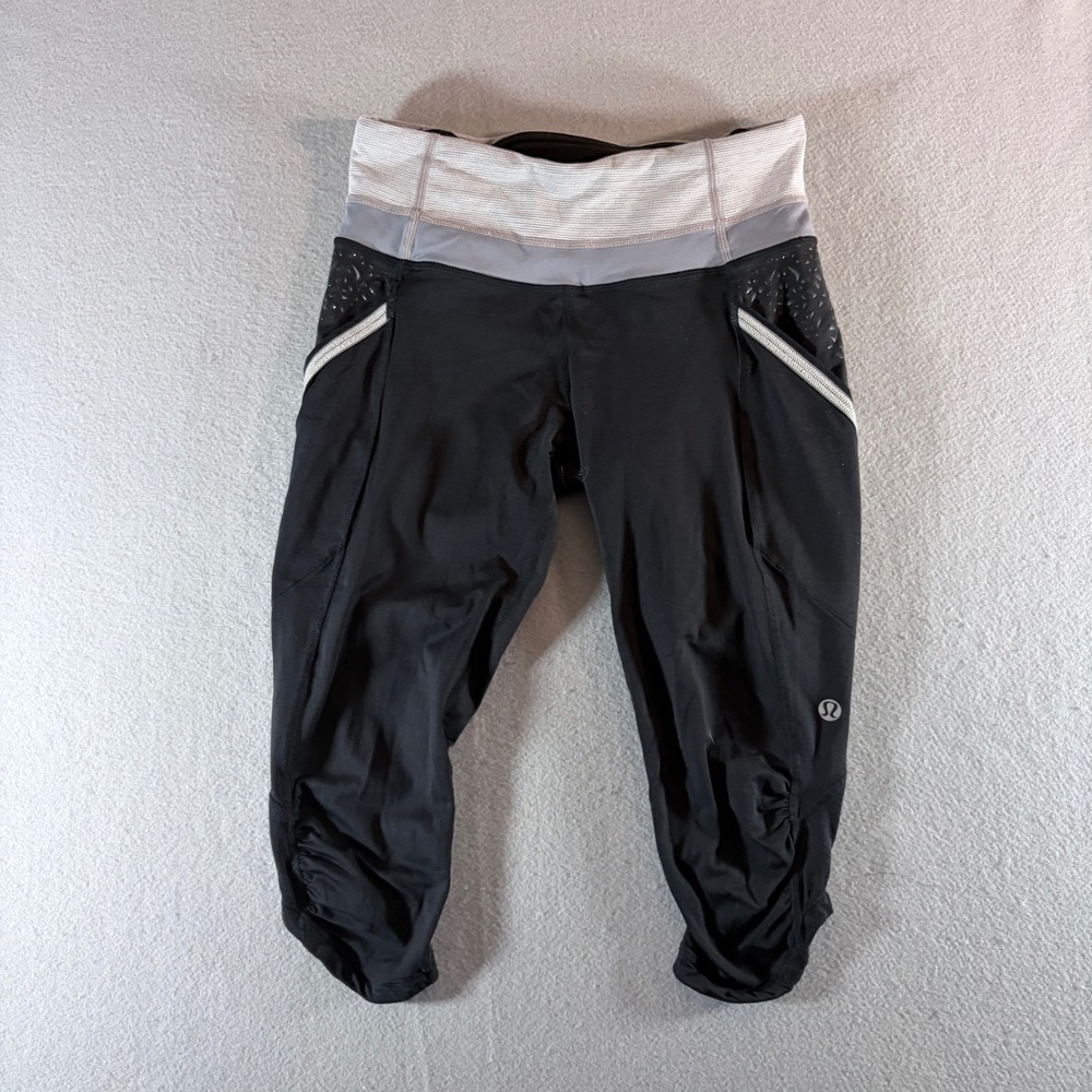 Lululemon Turbo Run Crop Pants Black Grey Stripe Ruched Size 4 Leggings